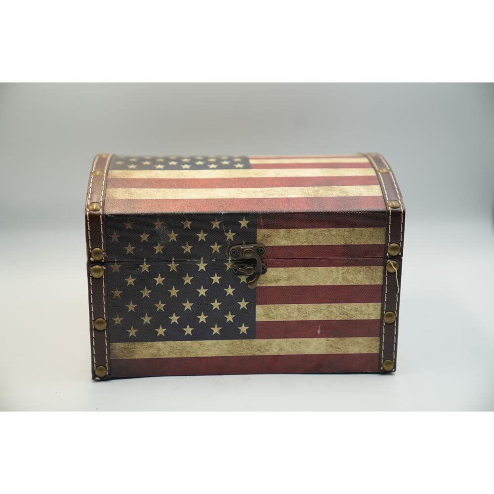 Vintage American Flag Storage Chest Box Patriotic Decor‎ 12"x7"x8" Rustic Metal